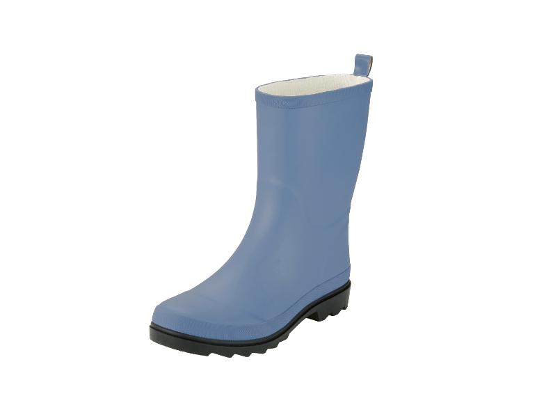 Blauwe kinderregenlaars met zwarte zool en witte binnenkant.