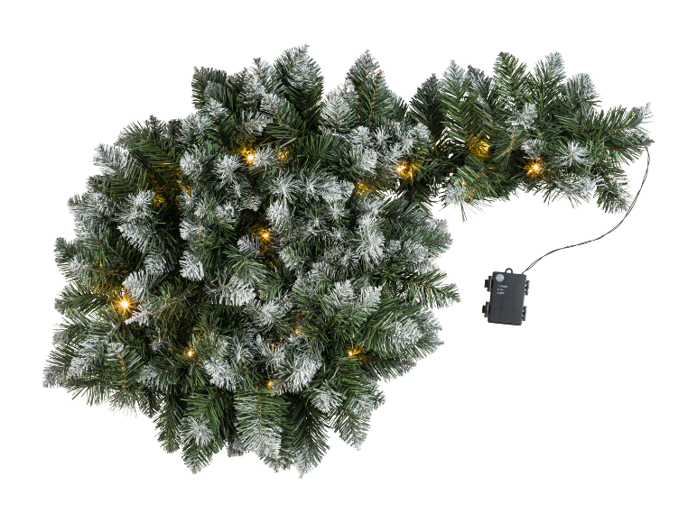 Kerstslinger met kunstsneeuw en warmwitte LED-verlichting, met batterijcontroller.