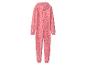 Roze onesie met luipaardprint, capuchon en elastische manchetten.