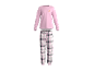 Roze pyjama met een top met lange mouwen met croissantprint en geruite broek.