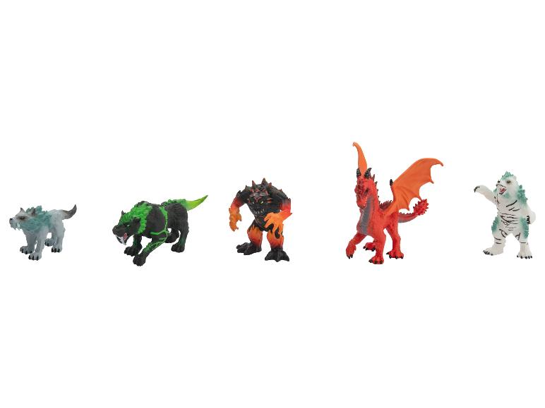Vijf speelgoedfiguren van fantasiewezens, waaronder wolven, een monster en een draak.