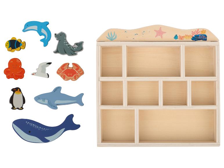 Houten zeedieren set en opbergrek met oceaanthema.
