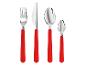 Bestekset met rode handvatten: vork, mes, eetlepel en theelepel.