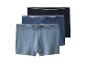 Drie herenboxershorts in verschillende blauwtinten, met gestreepte taillebanden.
