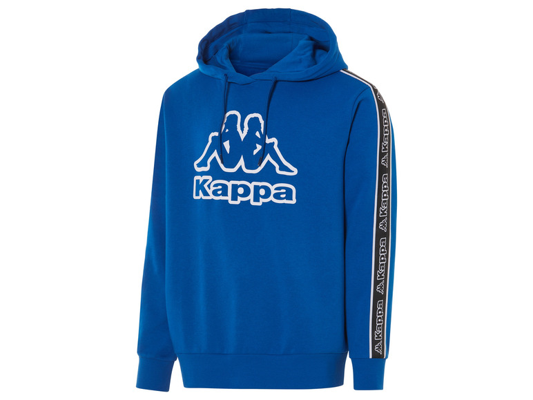 Een blauwe hoodie met capuchon van Kappa met witte logo's en zwarte banden.