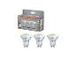 Drie dimbare slimme GU10 LED-spotjes in verpakking, met specificaties en app-integratie.