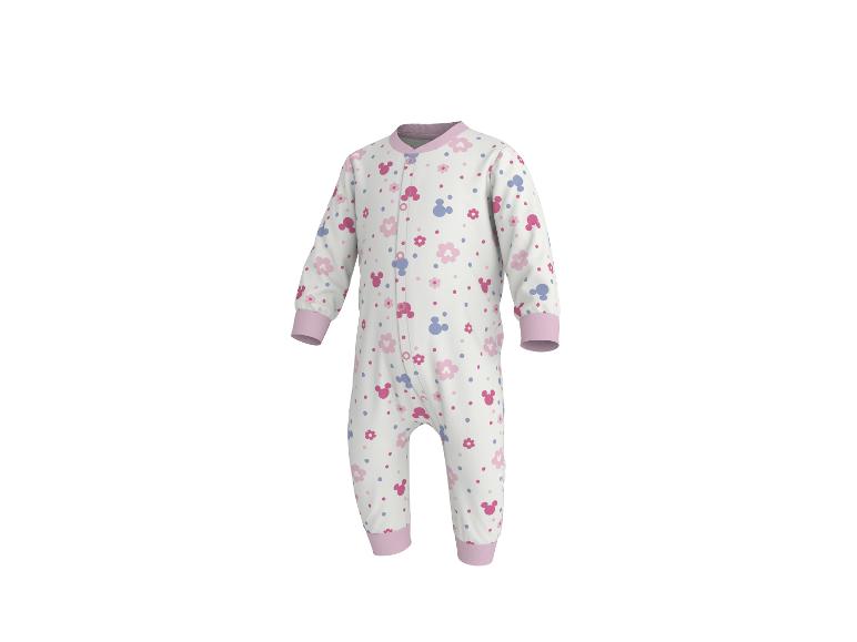 Witte baby romper met roze en blauwe bloemen- en muispatronen.