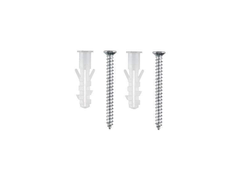 Drie schroeven en twee plastic pluggen voor wandmontage.