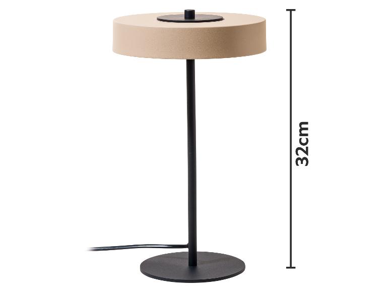 Beige tafellamp met zwarte standaard en voet, 32 cm hoog.