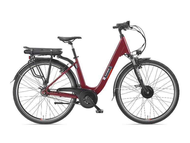 Rode elektrische fiets met zwart zadel en bagagedrager op een witte achtergrond.