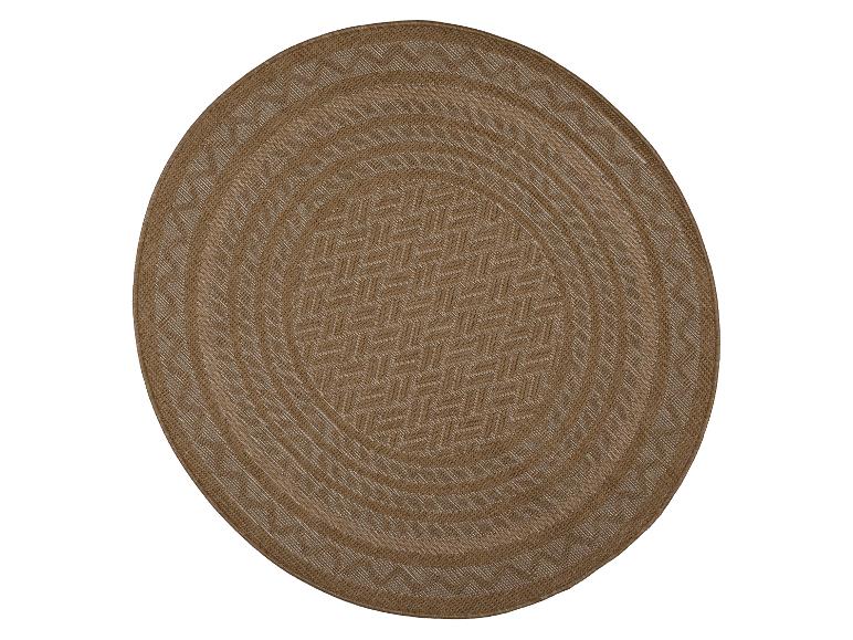 Rond gevlochten bruin vloerkleed met visgraatpatroon.