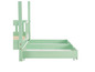 Een mintgroen houten bed met lades op wielen.