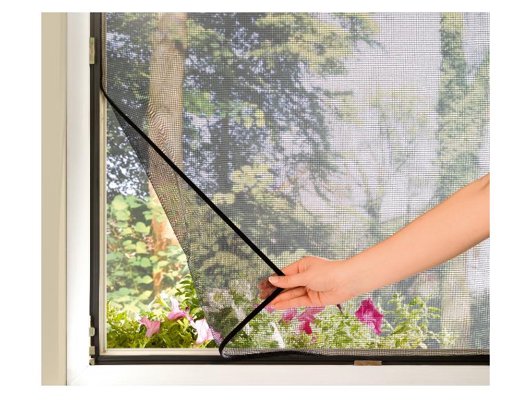 Hand houdt insectenhor vast aan raam met uitzicht op groen en bloemen