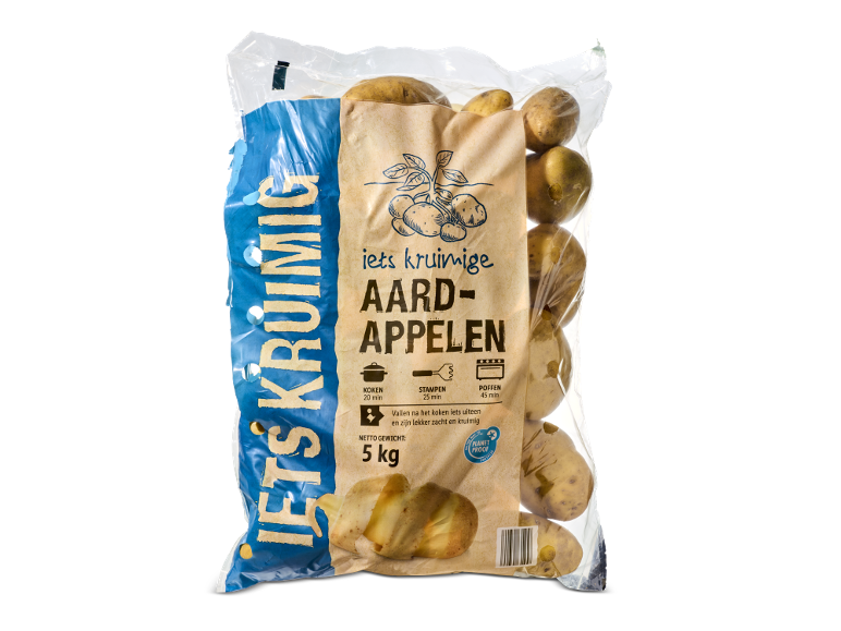Een zak van 5 kg iets kruimige aardappelen.
