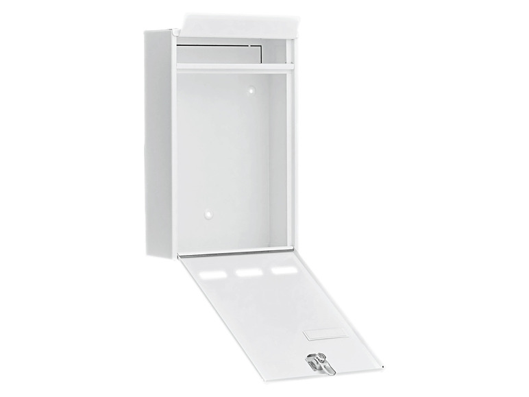 Een witte brievenbus met een klep die openstaat.