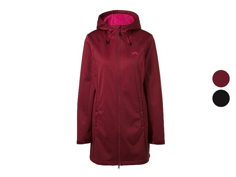 Lange donkerrode softshelljas voor dames met roze capuchonvoering