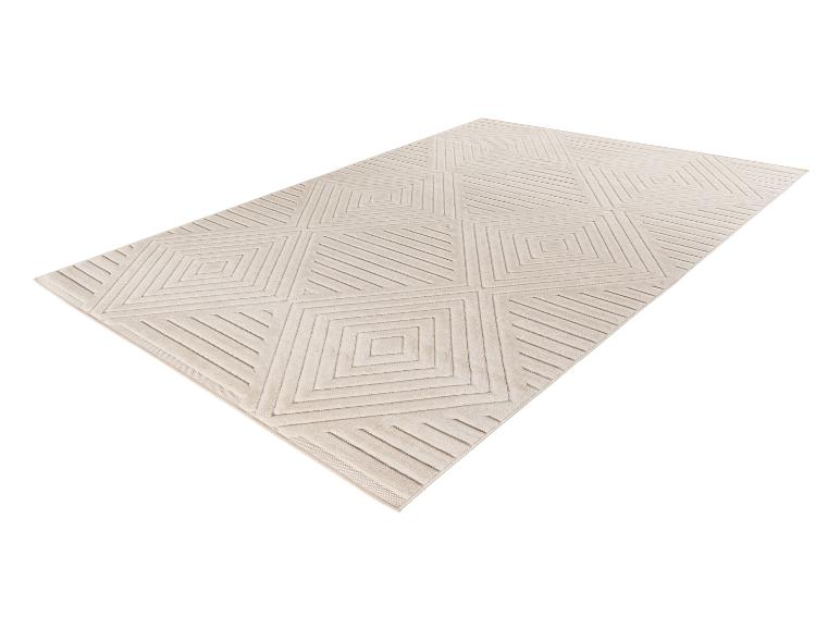 Beige rechthoekig vloerkleed met een geometrisch patroon van vierkanten en diagonale lijnen.