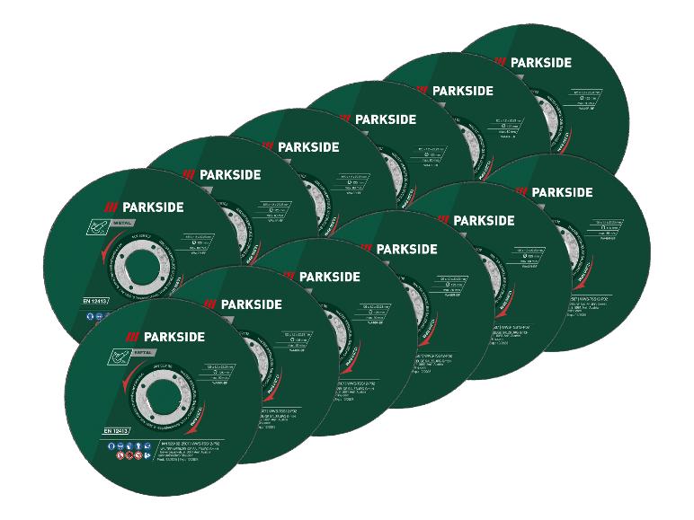Een stapel groene doorslijpschijven voor metaal, met afmetingen en veiligheidsinformatie.
