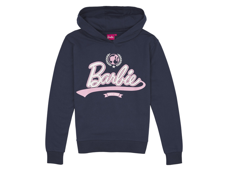 Een donkerblauwe hoodie met Barbie-logo.