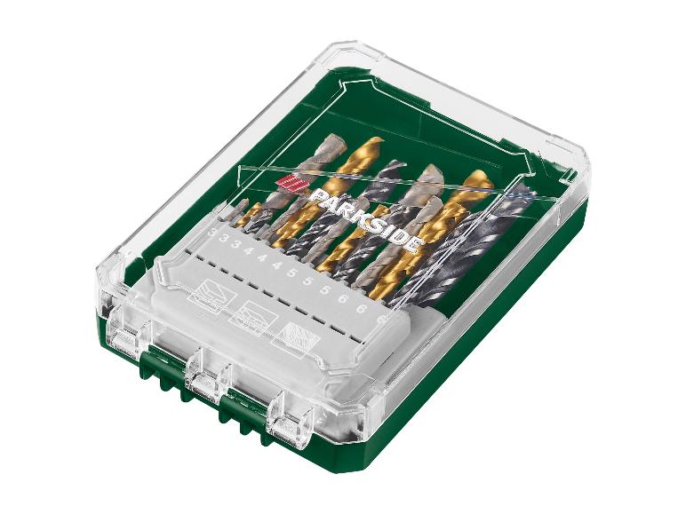 Parkside boorbits in een groene, transparante doos: een set boorbits voor verschillende materialen.