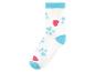 Witte sokken met pootjes en hartjes print, blauwe en roze details.