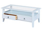 Witte salontafel met glazen blad en lade.