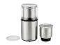 Roestvrijstalen koffie- en kruidenmolen met twee containers en transparante deksels.