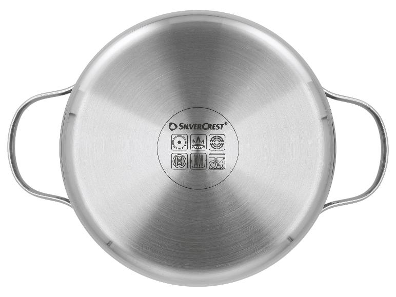 Roestvrijstalen pan met inductiebodem en symbolen voor kookplaattypes.