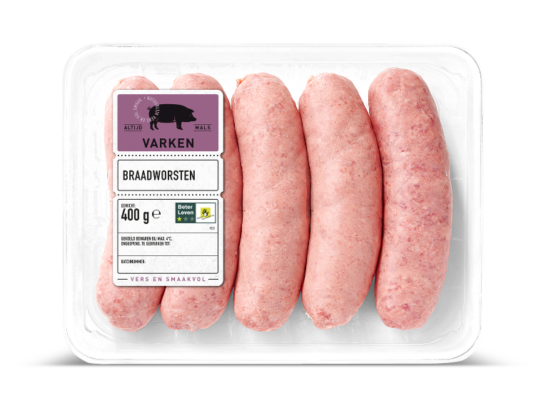 Verpakking met varkensbraadworsten van 400 gram.