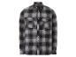 Een grijs en zwart geruit overhemd met lange mouwen.