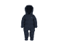 Blauw baby skipak met capuchon en berenembleem.