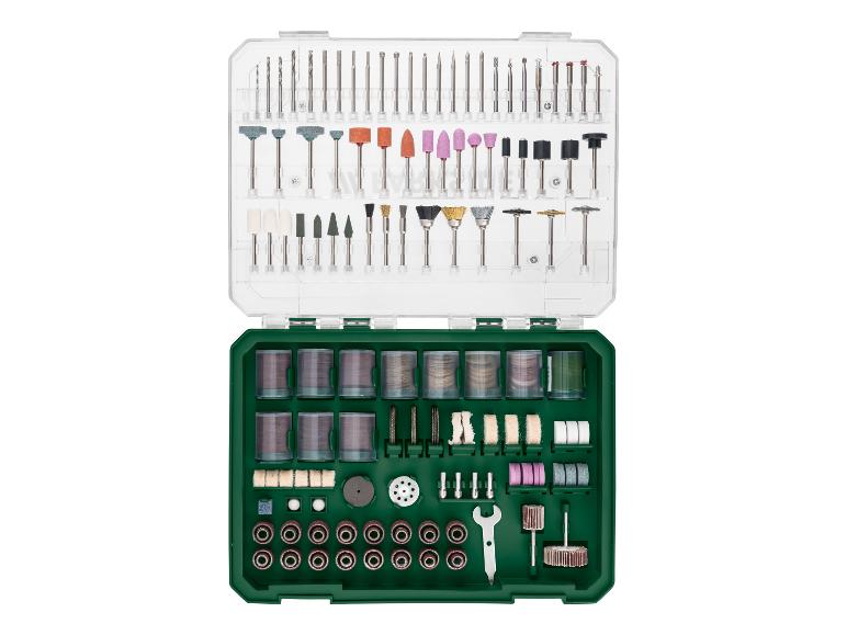 Accessoireset voor roterend gereedschap met boren, slijpstenen, borstels en schuurschijven.