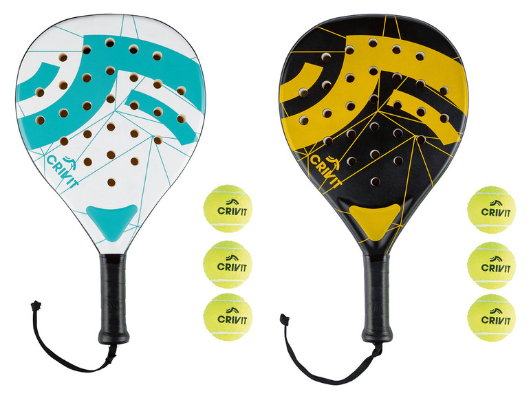 Twee Crivit padelrackets met bijpassende ballen.
