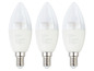 Drie Livarno Home E14 LED-lampen met een warmwitte gloed.