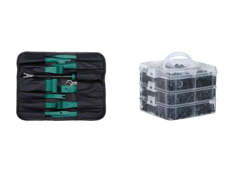 Groene gereedschapset in een zwarte oprolbare tas en een doorzichtige container met zwarte bevestigingsmiddelen.