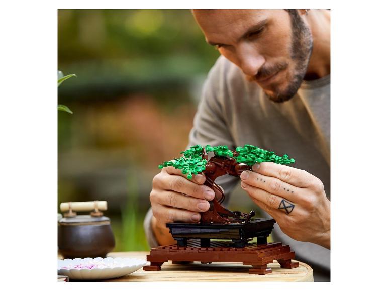 Een man bouwt een LEGO Bonsai-boom.