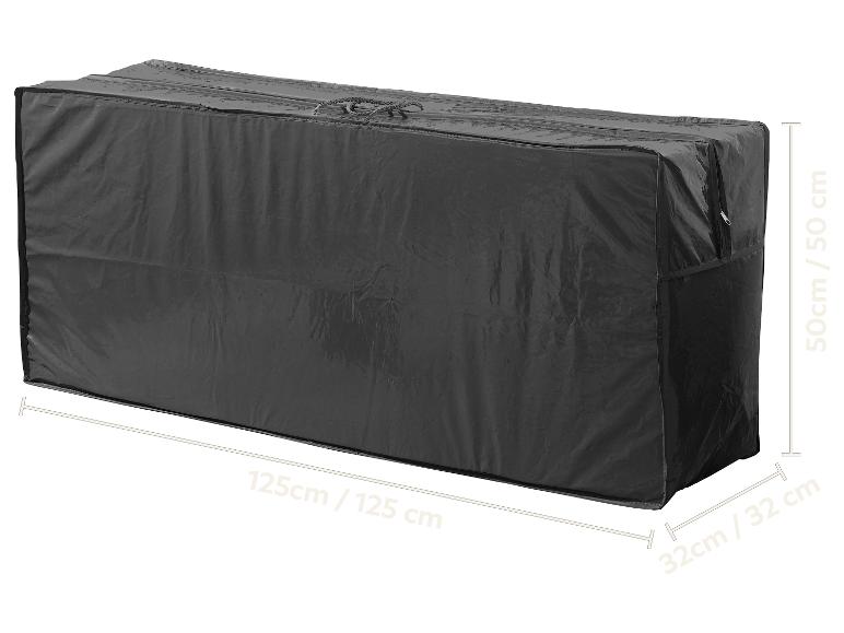 Zwarte opbergtas met rits en handvatten, afmetingen 125x50x32 cm.