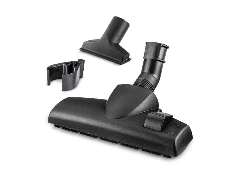 Set zwarte stofzuigeraccessoires met vloerborstel, kierenzuiger en houder.
