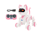 Witte en roze robotkat met afstandsbediening en oplaadkabel.