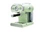 Mintgroene espressomachine met drukmeter en transparant waterreservoir.