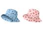 Twee kinder bucket hats: één blauw met dinosaurussen en één roze met hartjes.
