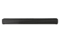 Zwarte soundbar met geperforeerd rooster en bedieningsknoppen bovenaan.