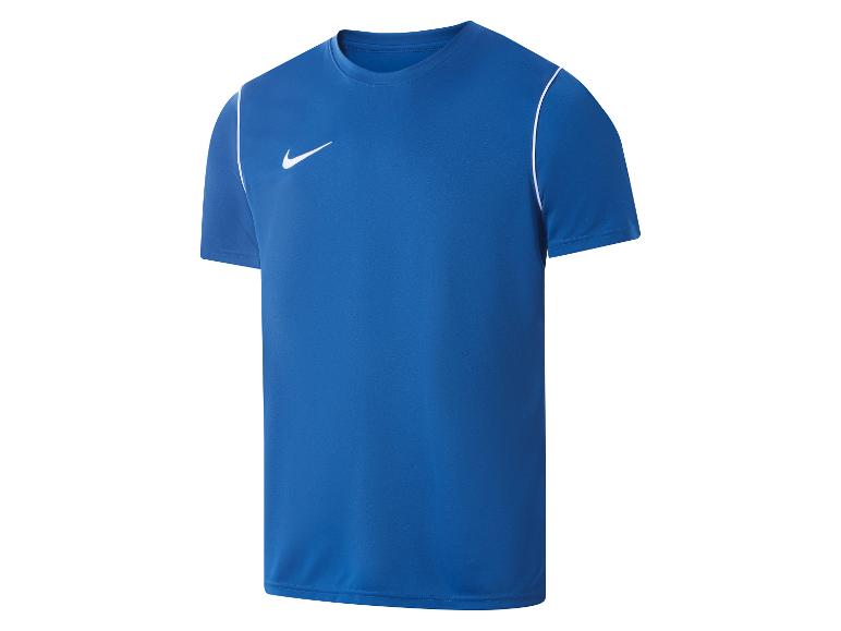 Blauw sportshirt met korte mouwen en witte biezen.