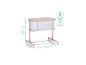 Beige babywieg met afmetingen (90x67,5 cm, hoogte 80-84 cm) en gewichtsinformatie (6,9 kg, max. 9 kg).
