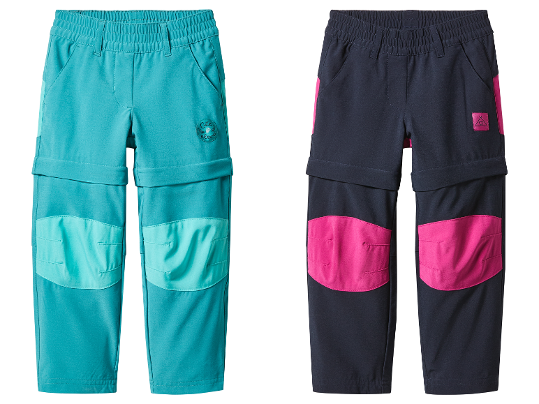 Twee omkeerbare broeken voor kinderen, een turquoise en een donkerblauwe met roze details.