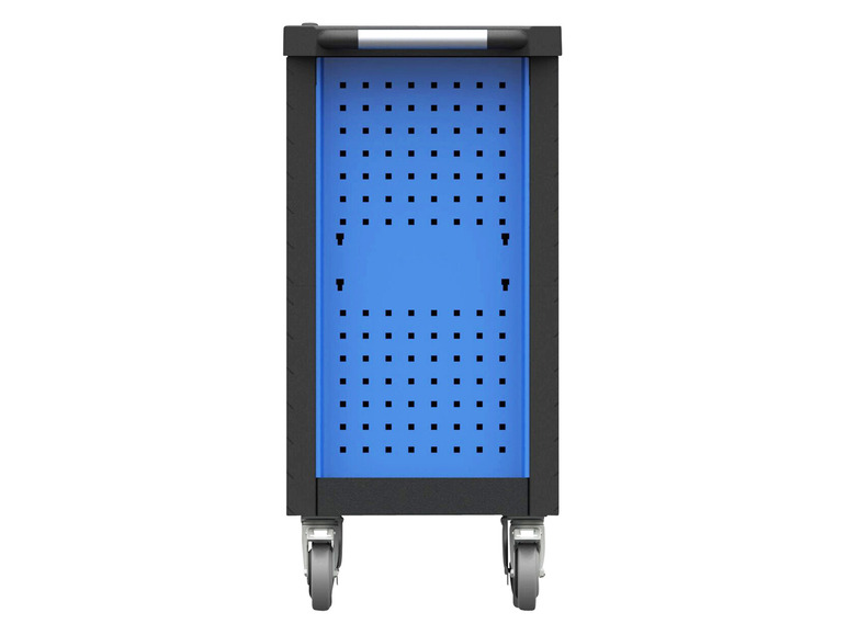 Een blauwe gereedschapswagen met wielen.