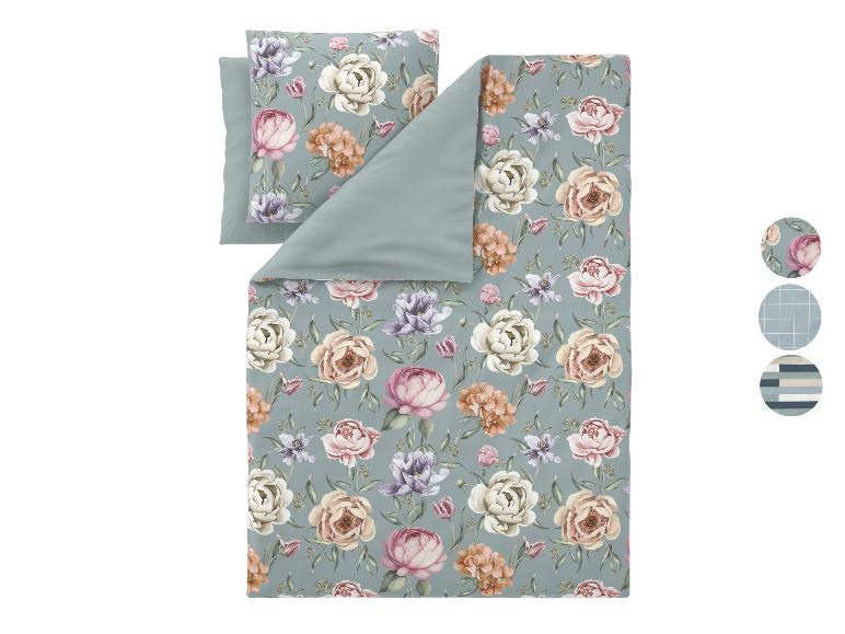 Dekbedovertrekset met bloemenprint en effen laken, met kleurstalen.