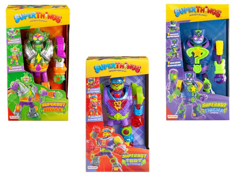 Drie Superthings speelgoeddozen met Superbot Mega-K, Superbot Fury Storm en Superbot Enigma.
