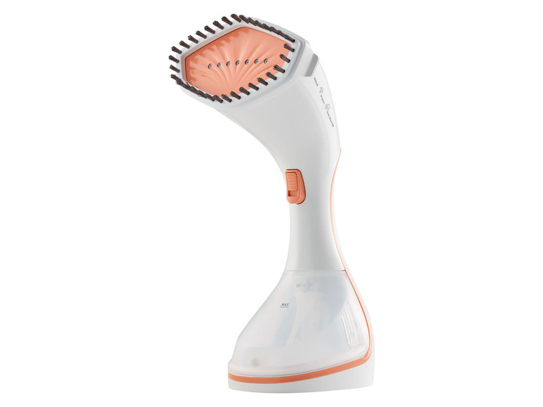 Een witte stoomreiniger met een borstelkop.