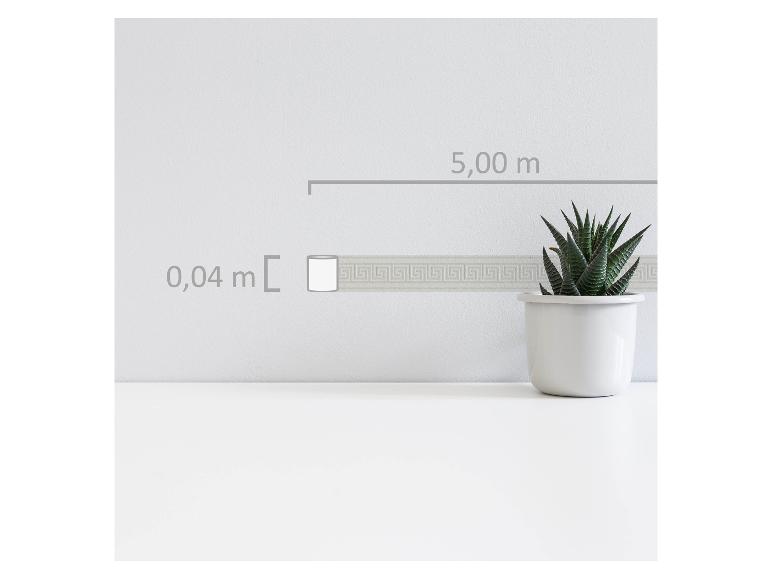Decoratieve rand met Grieks patroon, 0,04 m breed en 5,00 m lang, naast een potplant.